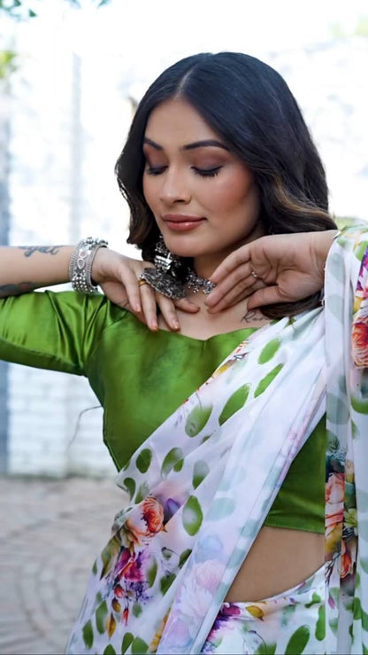 Satin Saree with Blue Polka Dot & Multi-Floral Digital Print Original Japan Satin (Devsena satin)