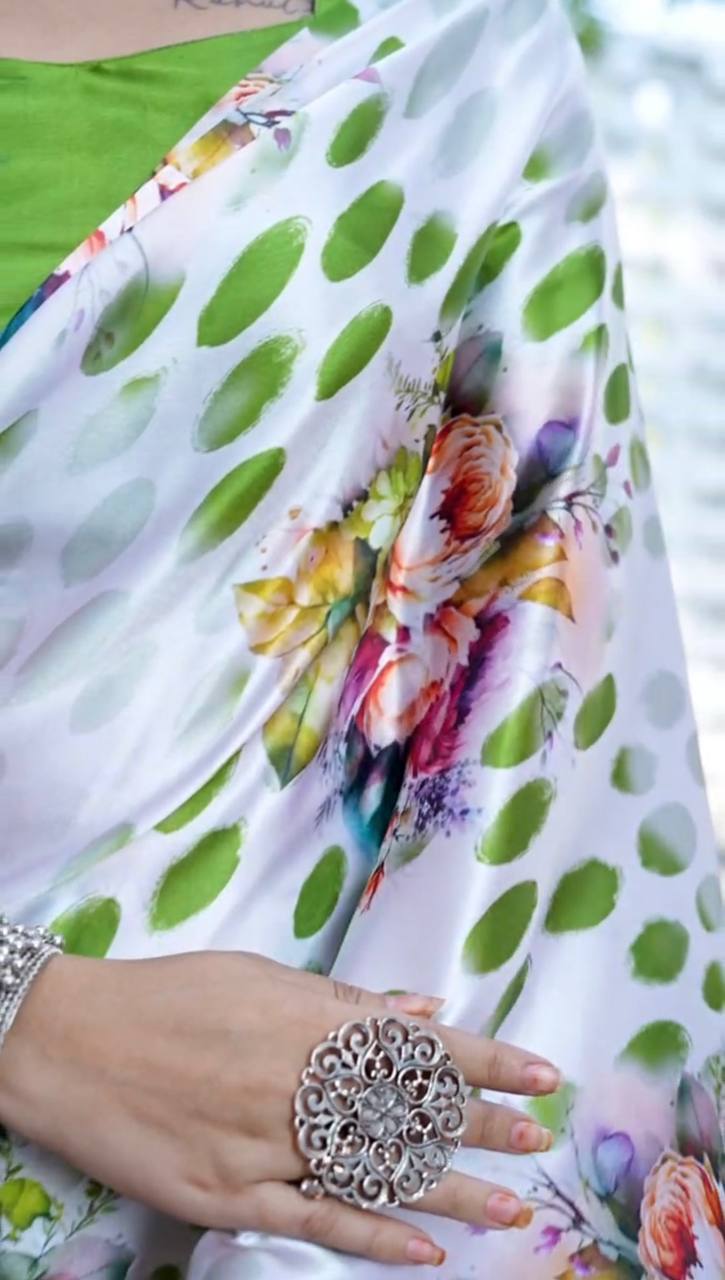 Satin Saree with Blue Polka Dot & Multi-Floral Digital Print Original Japan Satin (Devsena satin)