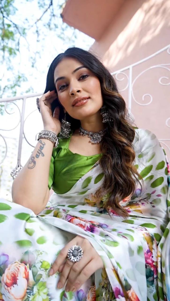 Satin Saree with Blue Polka Dot & Multi-Floral Digital Print Original Japan Satin (Devsena satin)