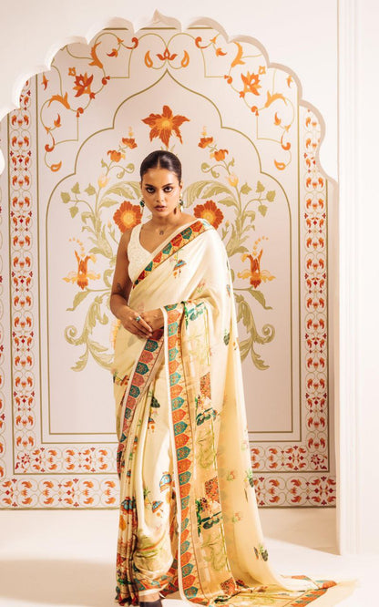 White Heritage Print Satin Saree Digital Print Original Japan Satin (Devsena satin)