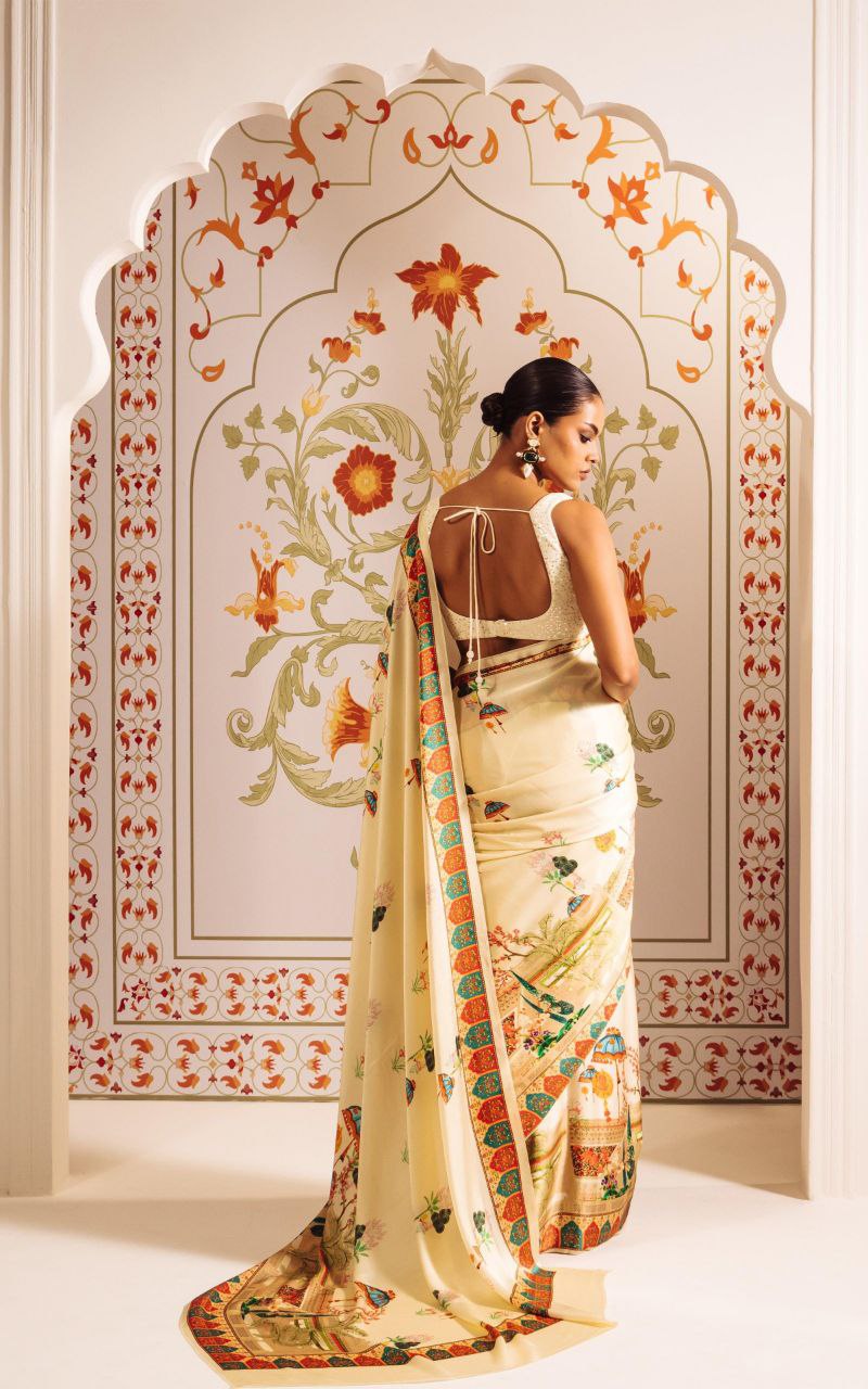 White Heritage Print Satin Saree Digital Print Original Japan Satin (Devsena satin)