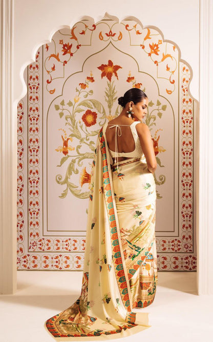 White Heritage Print Satin Saree Digital Print Original Japan Satin (Devsena satin)