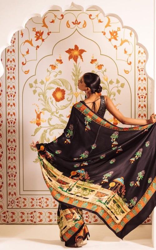 White Heritage Print Satin Saree Digital Print Original Japan Satin (Devsena satin)