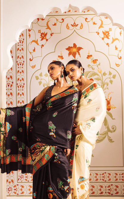 White Heritage Print Satin Saree Digital Print Original Japan Satin (Devsena satin)