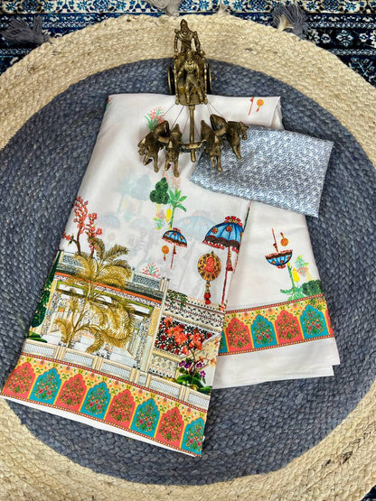 White Heritage Print Satin Saree Digital Print Original Japan Satin (Devsena satin)