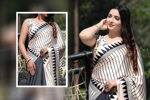 White & Black Stripe Digital Print Original Japan Satin (Devsena satin)