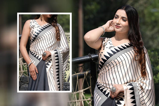 White & Black Stripe Digital Print Original Japan Satin (Devsena satin)