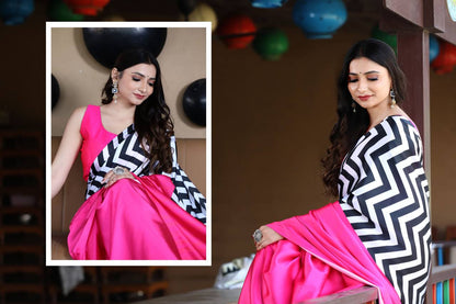 Black & White Zig-Zag Design Digital Print Original Japan Satin (Devsena satin)