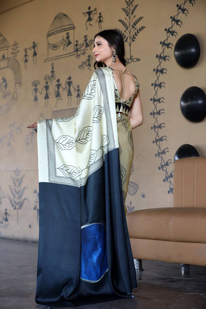 Cream Colour Satin Silk Saree with Contrast Black Leaf Print Original Japan Satin (Devsena satin)