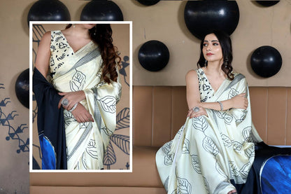Cream Colour Satin Silk Saree with Contrast Black Leaf Print Original Japan Satin (Devsena satin)