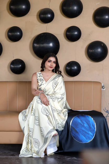 Cream Colour Satin Silk Saree with Contrast Black Leaf Print Original Japan Satin (Devsena satin)