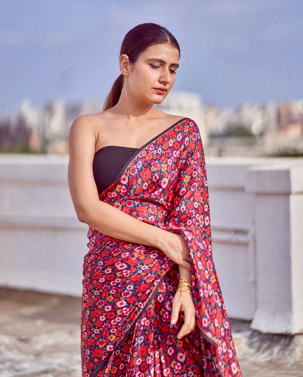 Floral Digital Print Saree Original Japan Satin (Devsena satin)