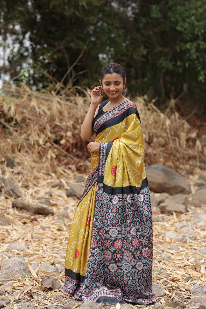 Mustard Yellow Fusion Digital Print Saree Original Japan Satin (Devsena satin)