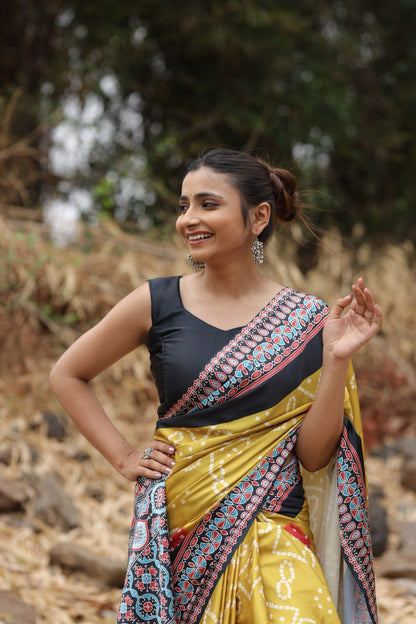 Mustard Yellow Fusion Digital Print Saree Original Japan Satin (Devsena satin)