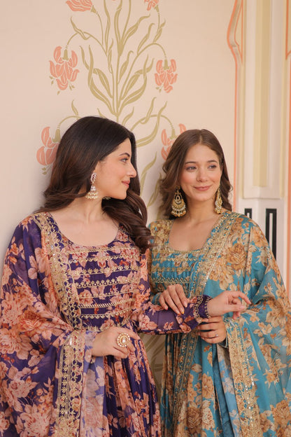 Gown - Russian Silk Rich  Digital Print With Embroidered Sequins Work