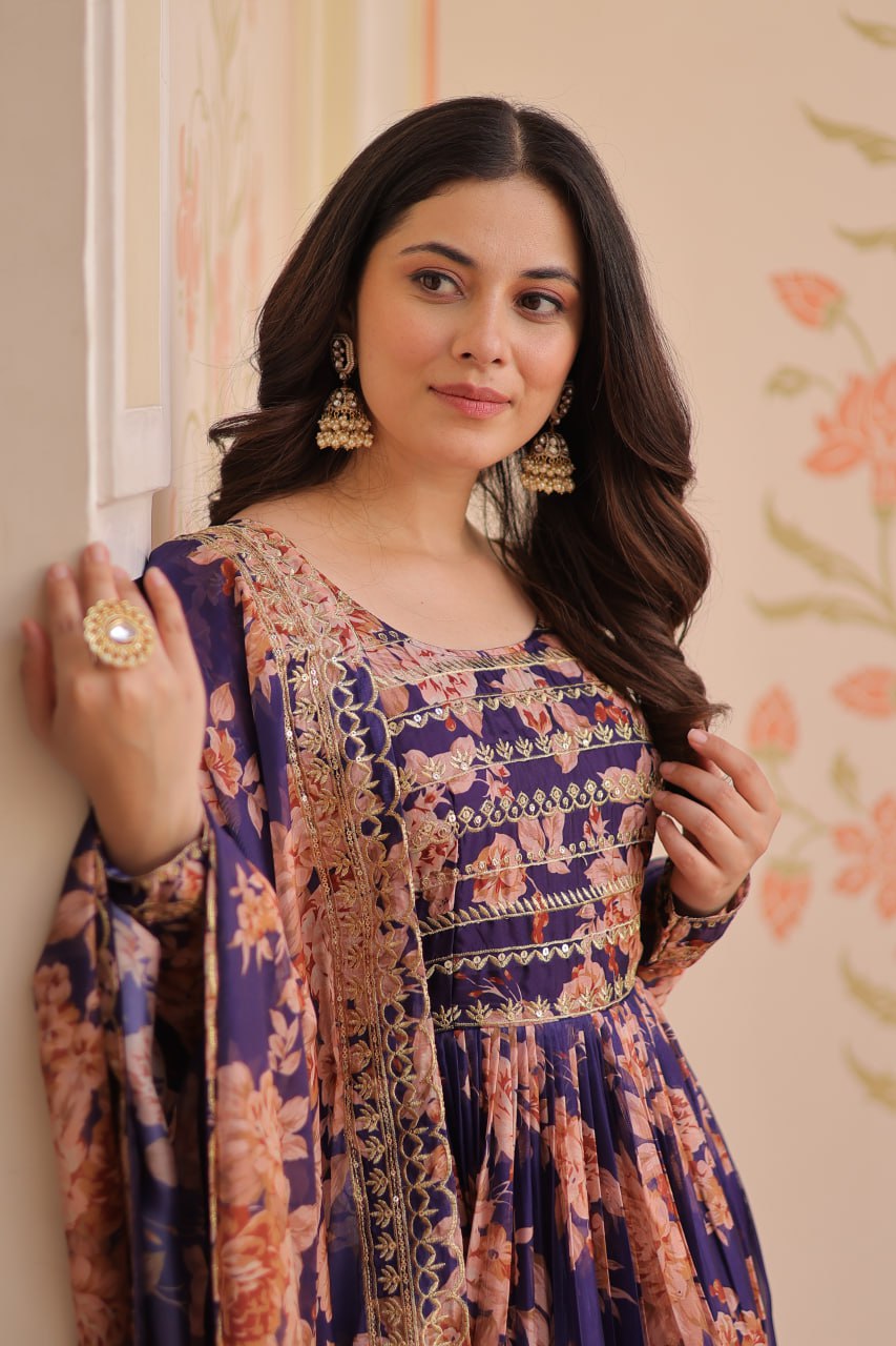 Gown - Russian Silk Rich  Digital Print With Embroidered Sequins Work