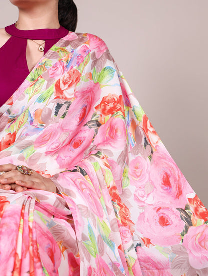 Red Blooming floral design Soft Touch Silk Saree