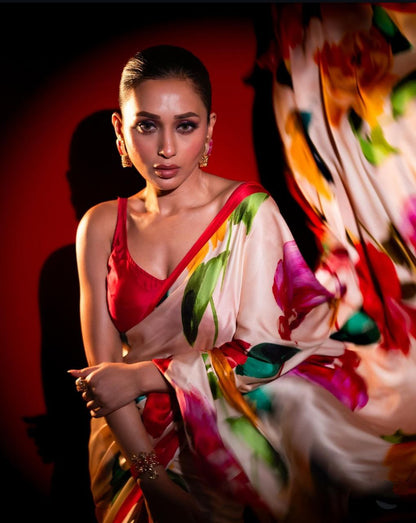 White Floral Printed Satin Silk Saree with Pink Border Digital Print  Original Japan Satin (Devsena satin)