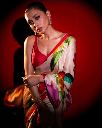 White Floral Printed Satin Silk Saree with Pink Border Digital Print  Original Japan Satin (Devsena satin)