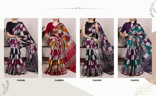 Digtial Printed Maroon Box Pattern With Temple Border Saree