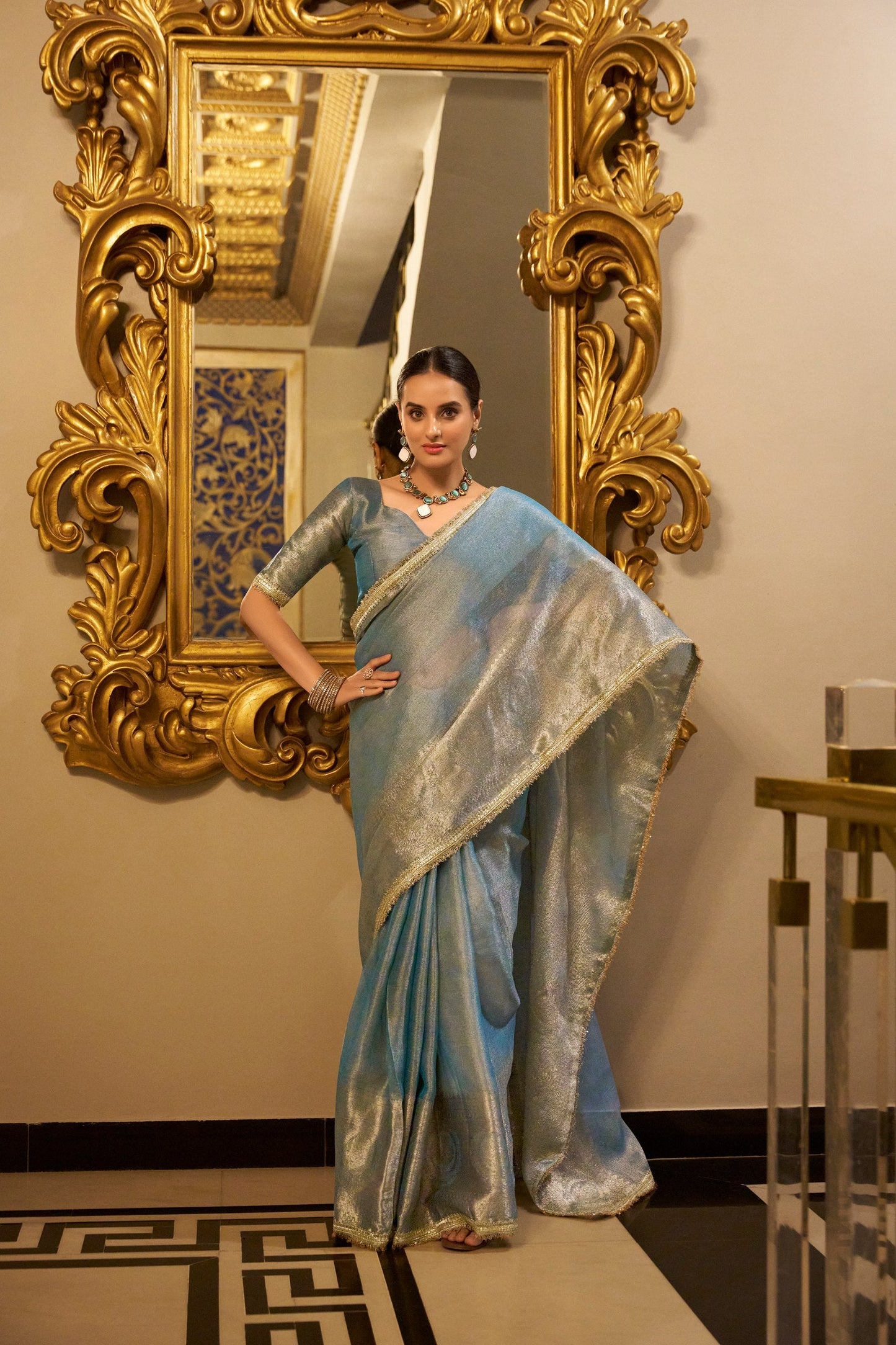 Tissue Shimmer Saree Zari Weaving Work With Sequins Lace Border