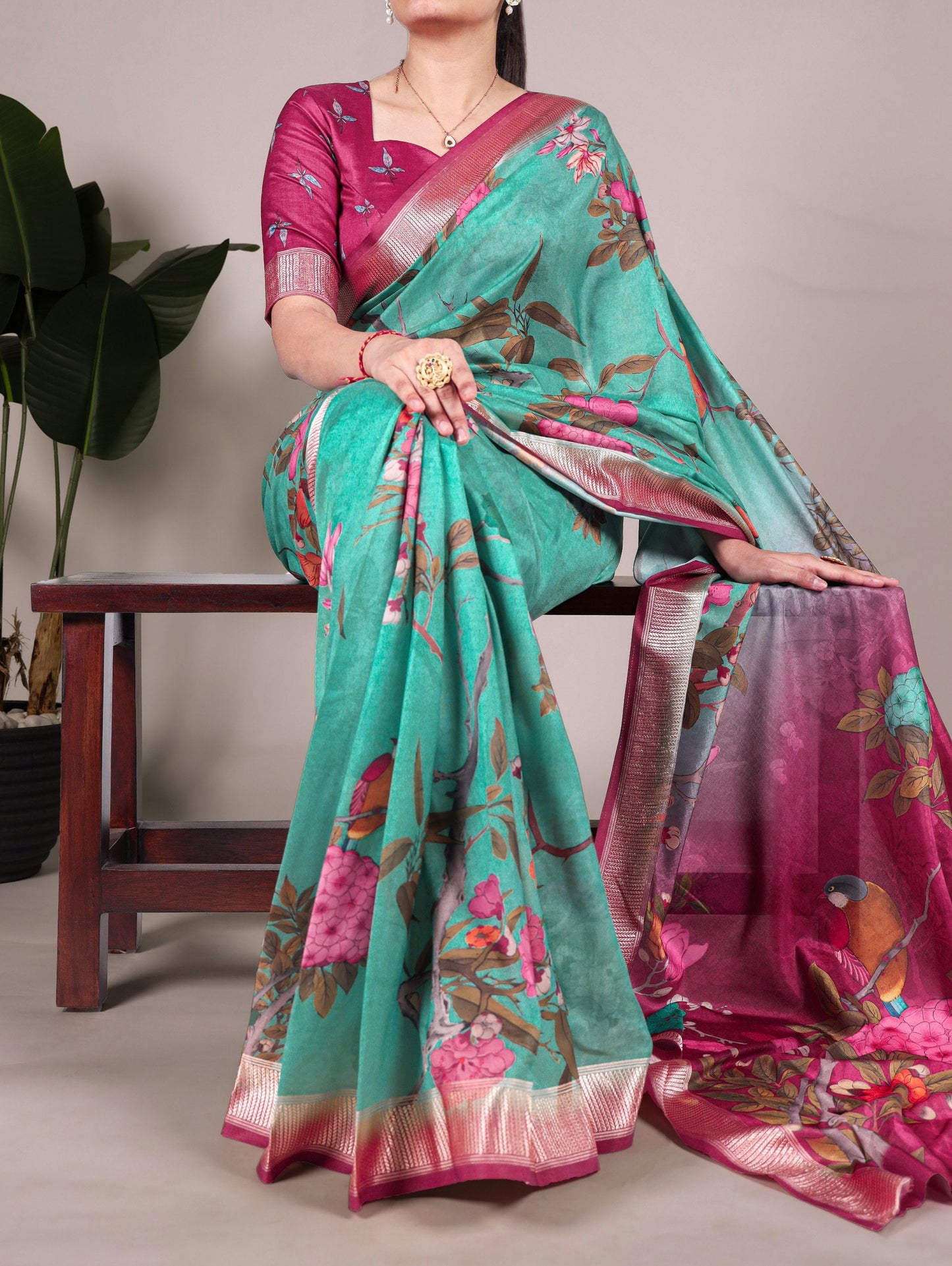 Tasar Silk With Viscose Border Floral Printed
