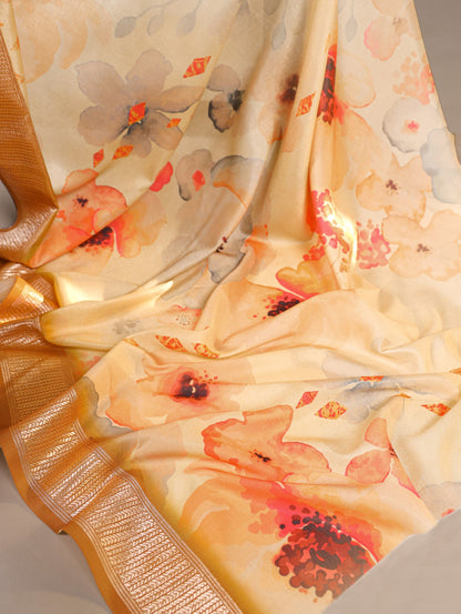 Tasar Silk With Viscose Border Floral Printed